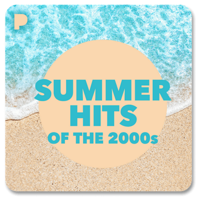 El logotipo de Pandora sobre la costa de una playa de arena y las palabras "Éxitos del verano de los 2000".